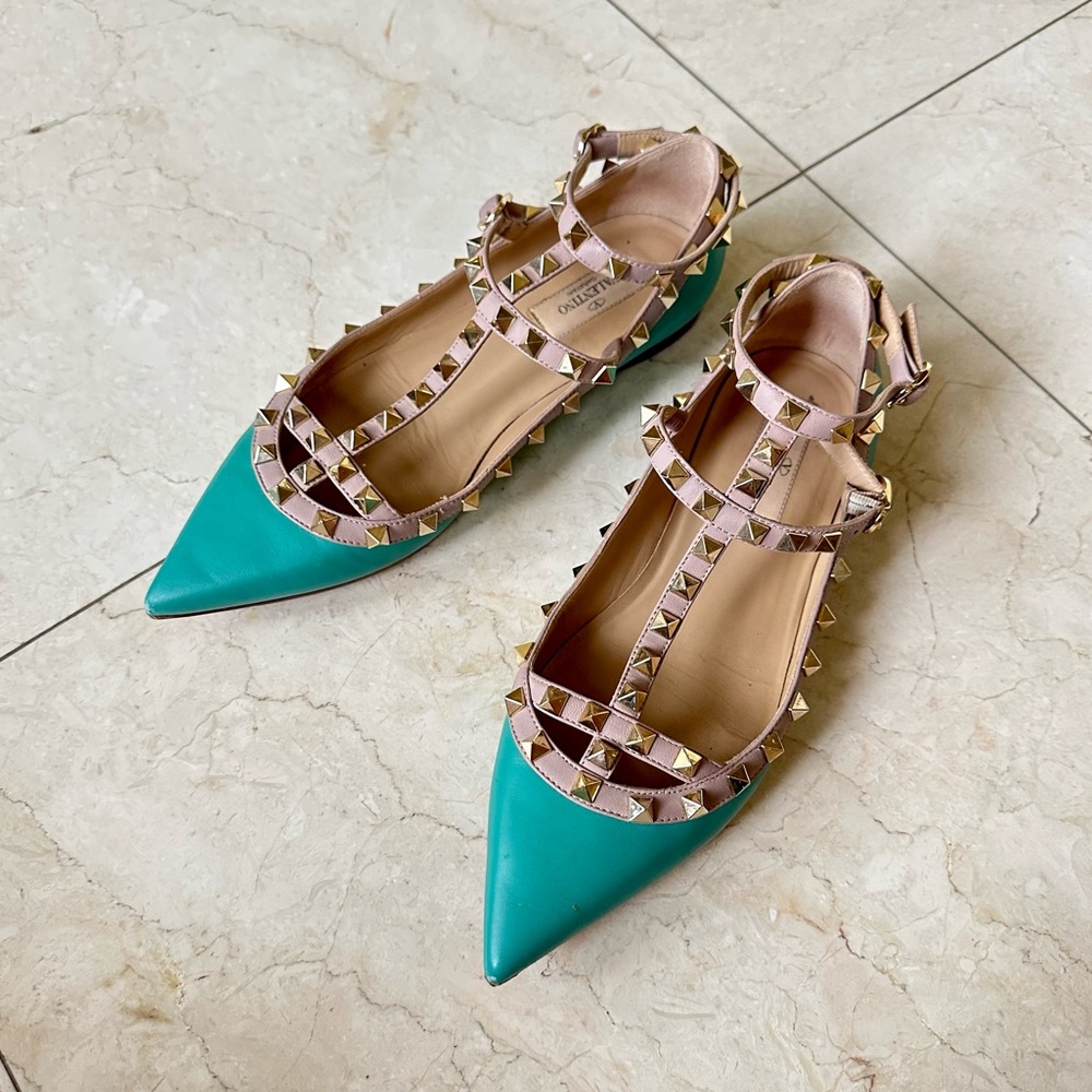 Valentino Garavani Tiffany Blue Teal Rockstud Ballerina Flats 38